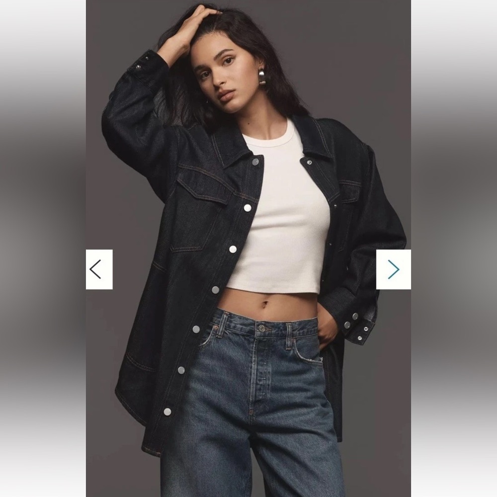 Pilcro Tillie Relaxed Denim Shacket Lg Dark Wash Button Front Pockets Lagenlook